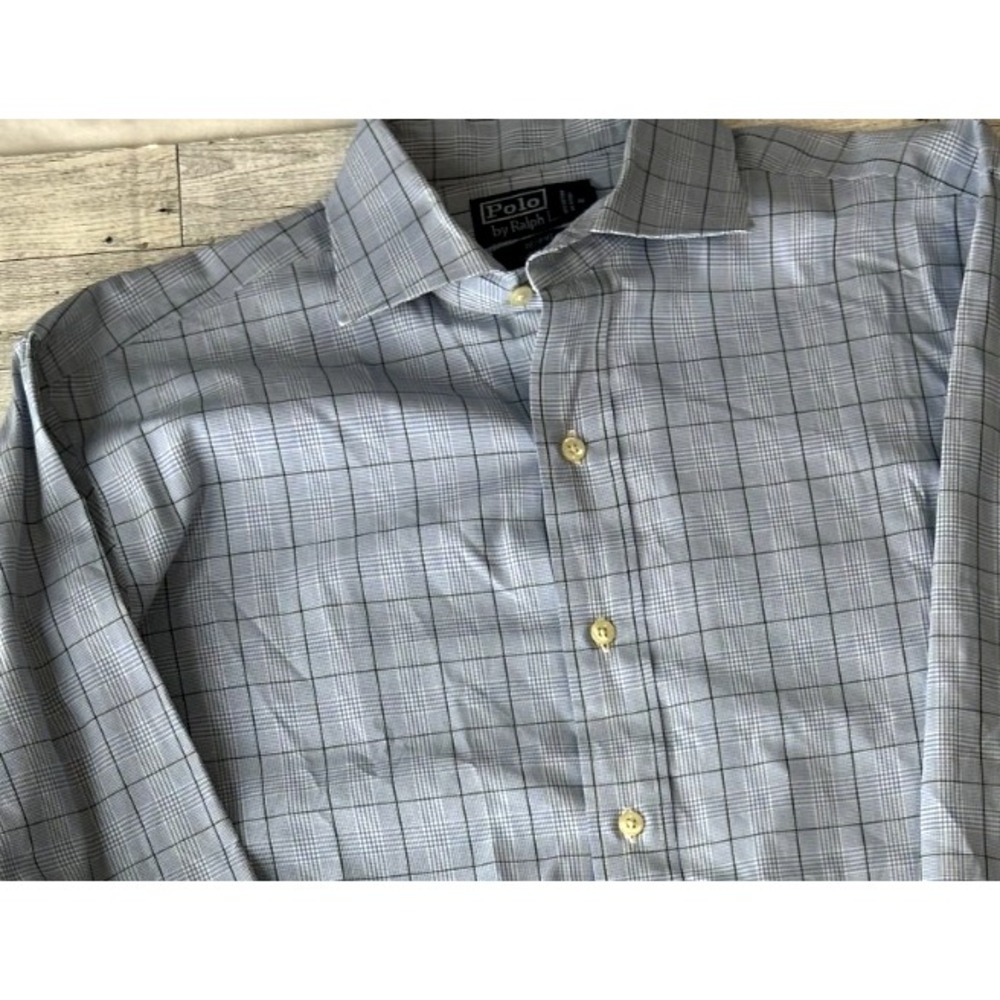 Polo Ralph Lauren Dress Shirt Mens White Blue Plaid Regent Classic Fit Size 16.5